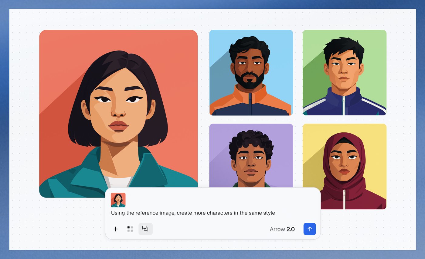 A reference character portrait alongside four stylistically consistent character portraits generated with Arrow 2. Source: QuiverAI, 7 September 2026.