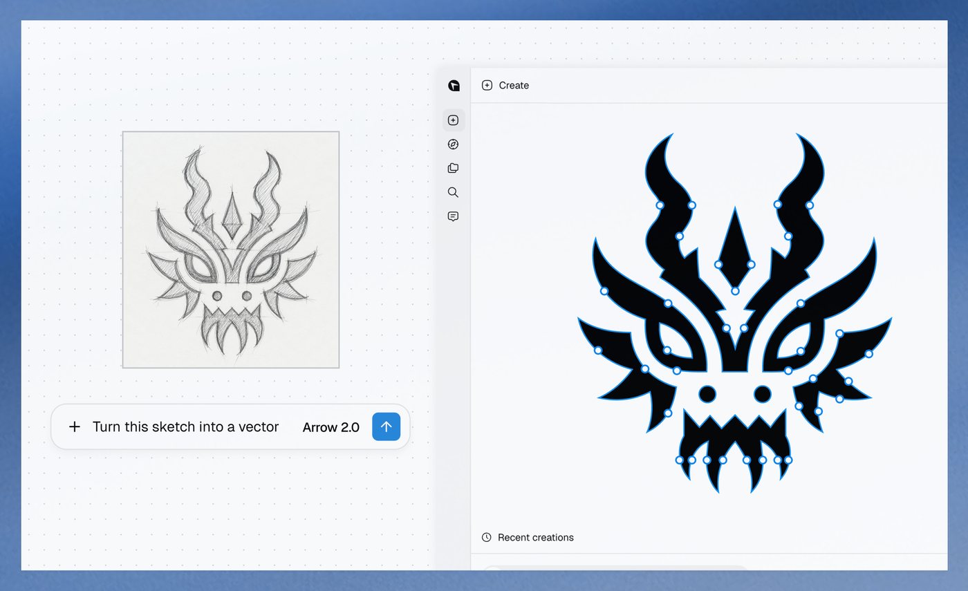A hand-drawn horned mask sketch alongside the clean, editable vector created from it with Arrow 2. Source: QuiverAI, 7 September 2026.