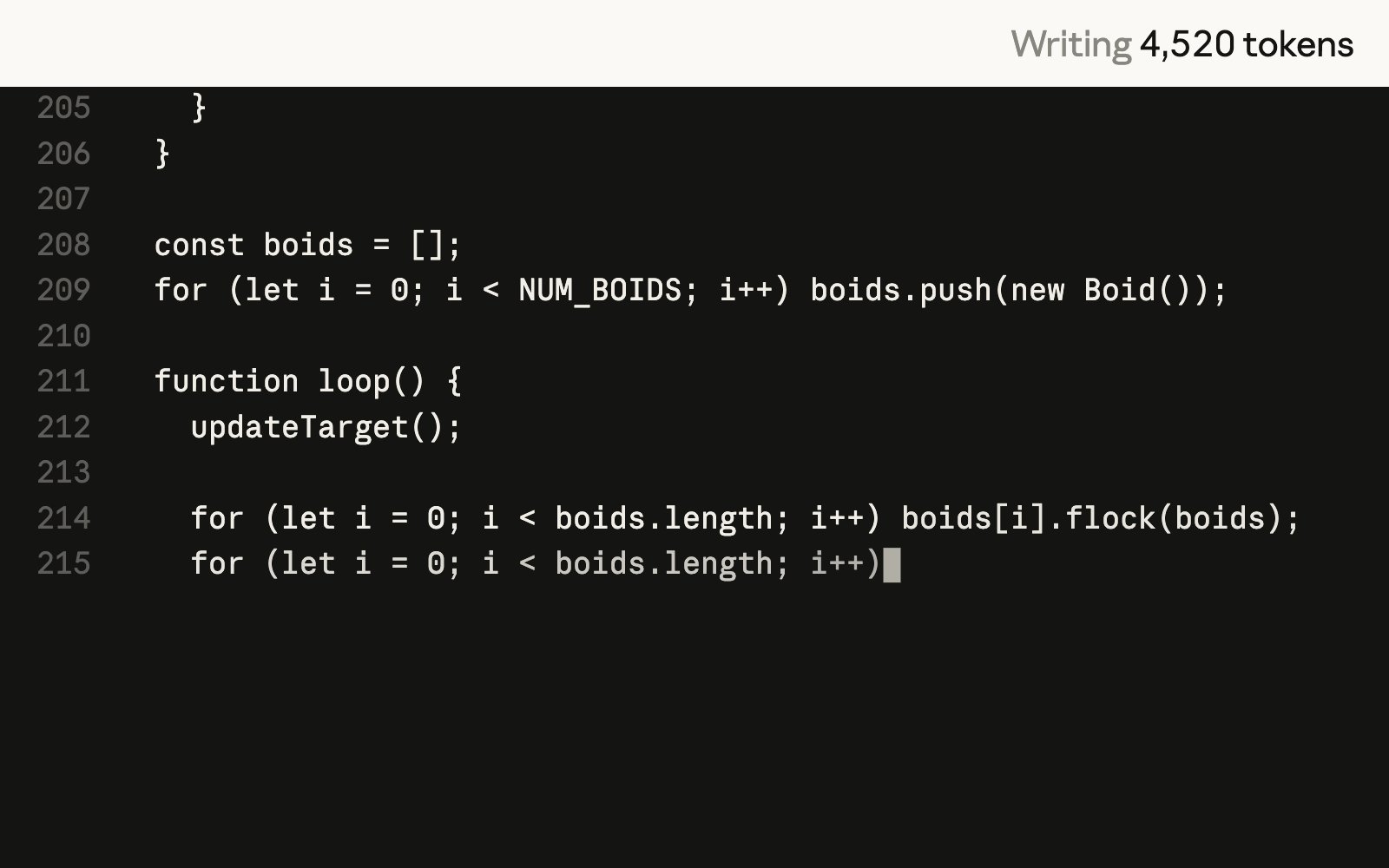 Still from Anthropic's 28 September 2026 Sonnet 5.5 page for the HTML murmuration prompt. The frame reads Output 4,158 tokens, Flying 12.5 s. The still does not name the model.