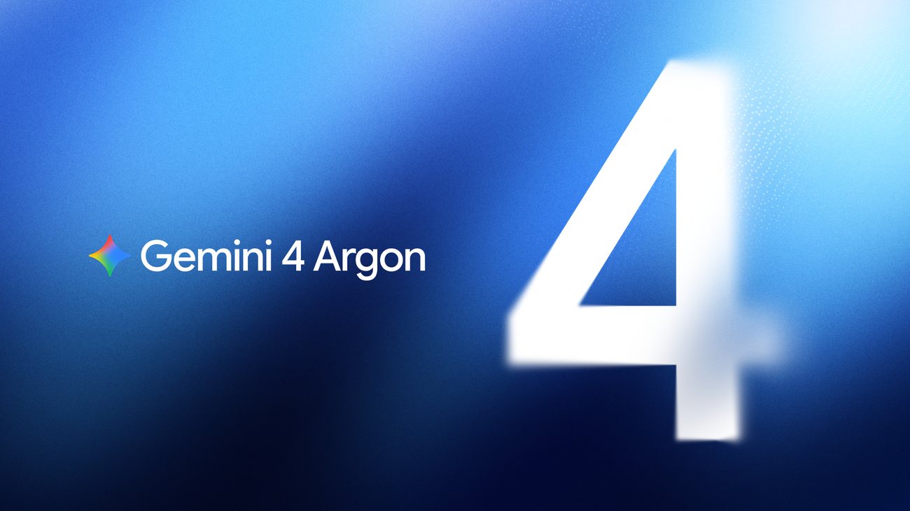 Google's launch art for Gemini 4 Argon: the Gemini spark and the words Gemini 4 Argon beside a large glowing 4 on a blue gradient.