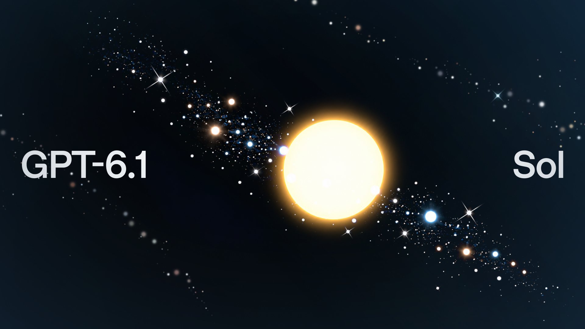 OpenAI art card for GPT-6.1 Sol, 29 September 2026. A bright sun sits in a dark star field, with the words GPT-6.1 on the left and Sol on the right.
