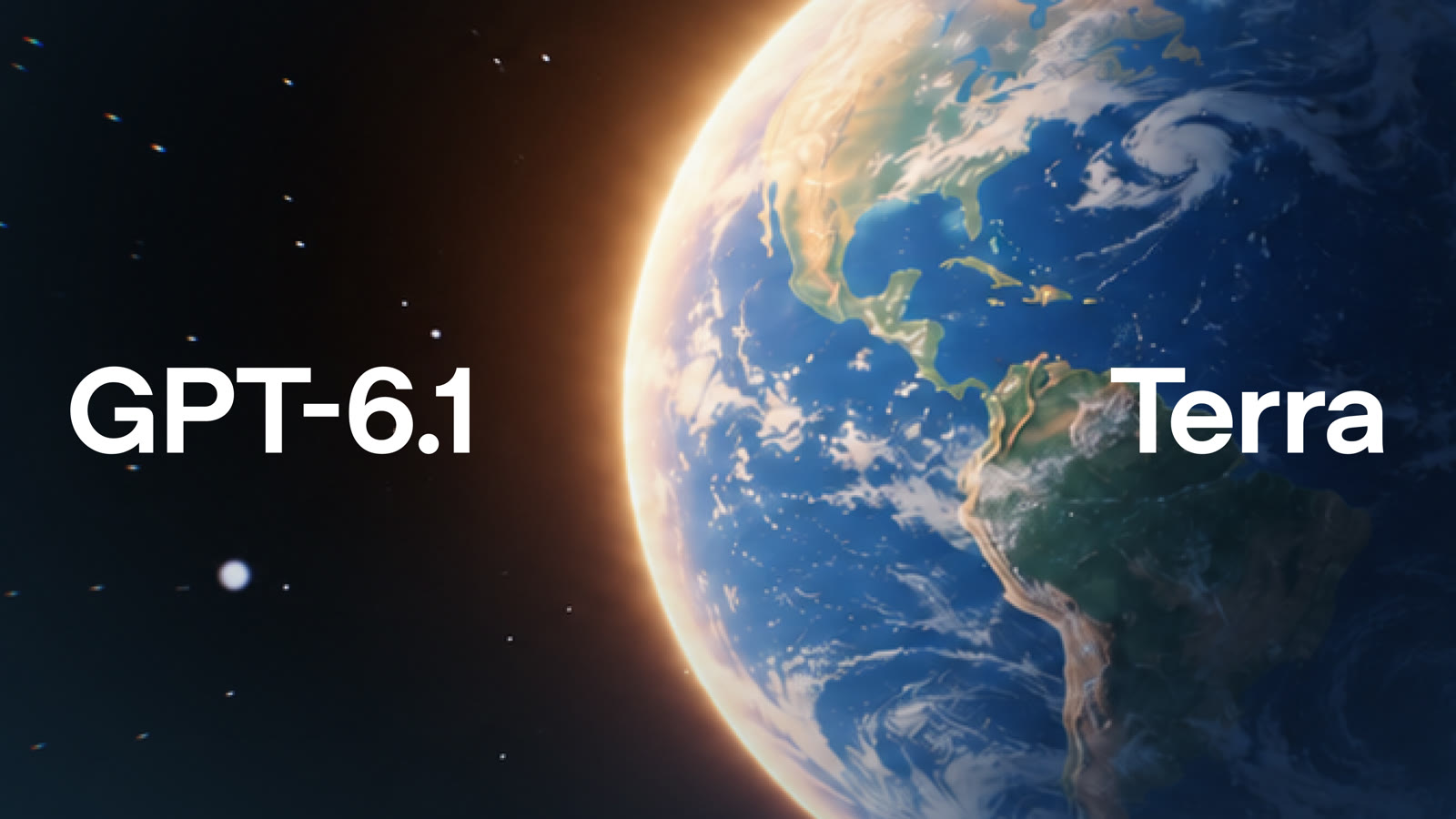OpenAI art card for GPT-6.1 Terra, published 26 October 2026. The Earth is lit by sunlight against a dark star field, with GPT-6.1 on the left and Terra on the right.